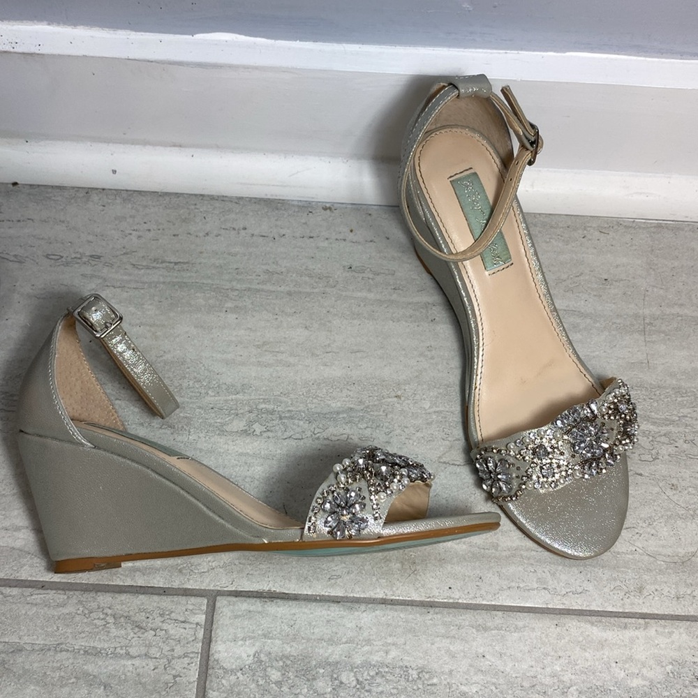 Betsey Johnson Silver Glitter Bejeweled Wedge Sandals